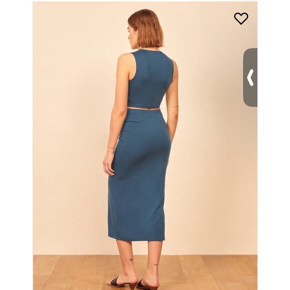 NWT REFORMATION Rylan Knit Two Piece Sleeveless Top Long Skirt Set Blue Size L - Picture 2 of 12